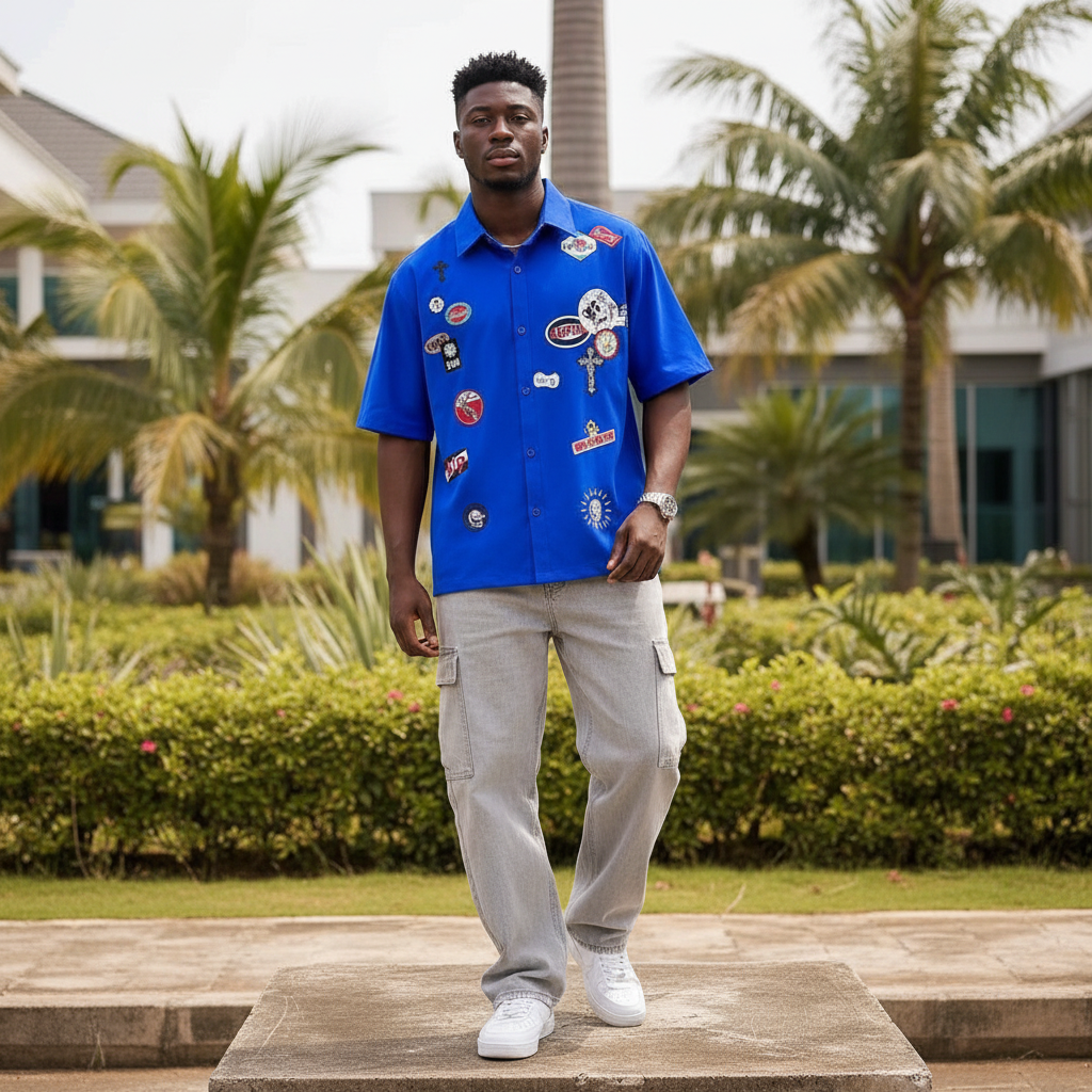Nigerian male model wearing royal blue multi-patch badge graphic polo shirt – full body lifestyle shot