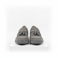 Men's slate grey embossed monogram suede tassel loafers pair product shot
