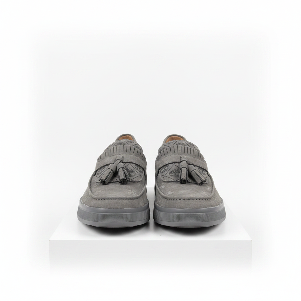 Men's slate grey embossed monogram suede tassel loafers pair product shot