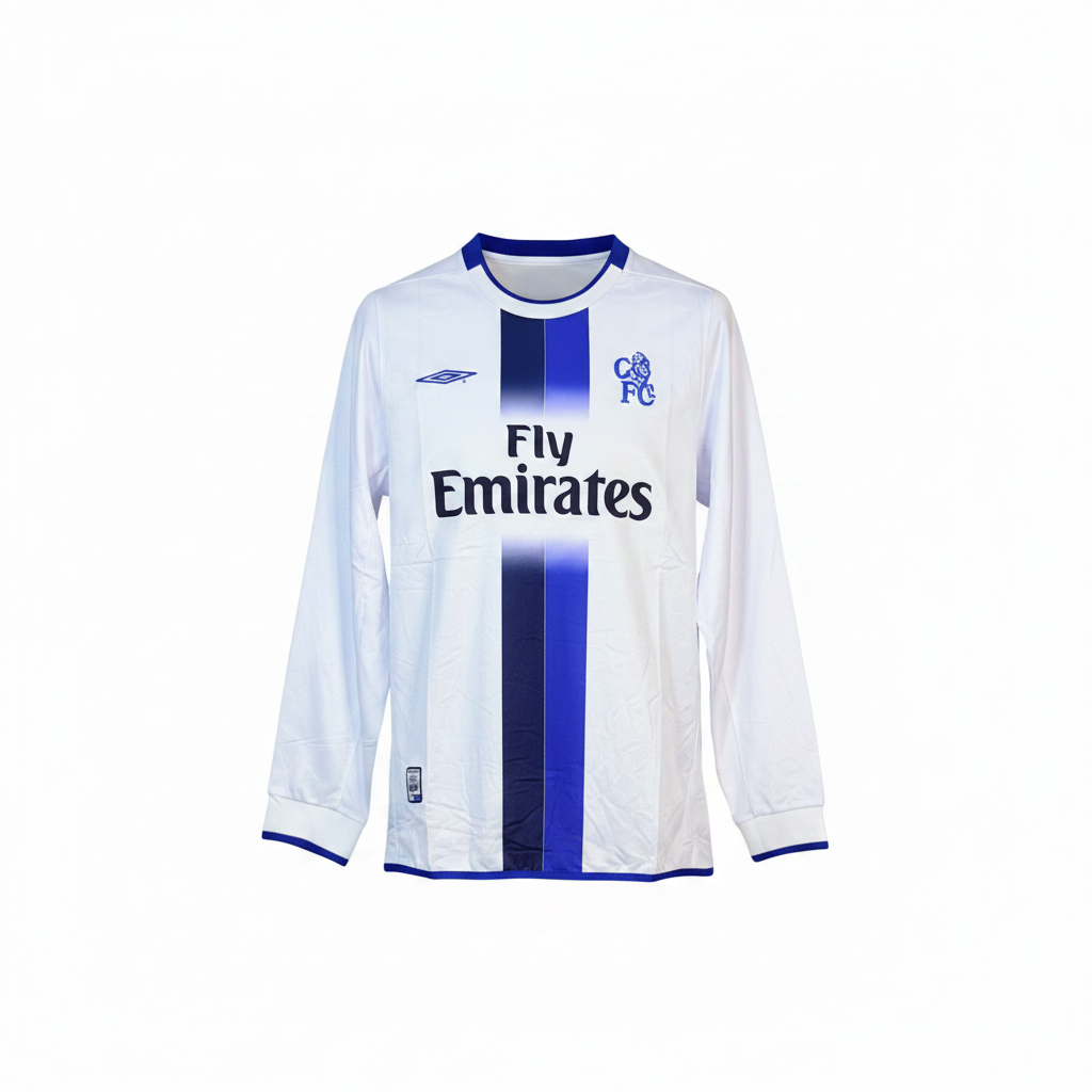 White and navy centre stripe long-sleeve retro football jersey — ghost mannequin front view