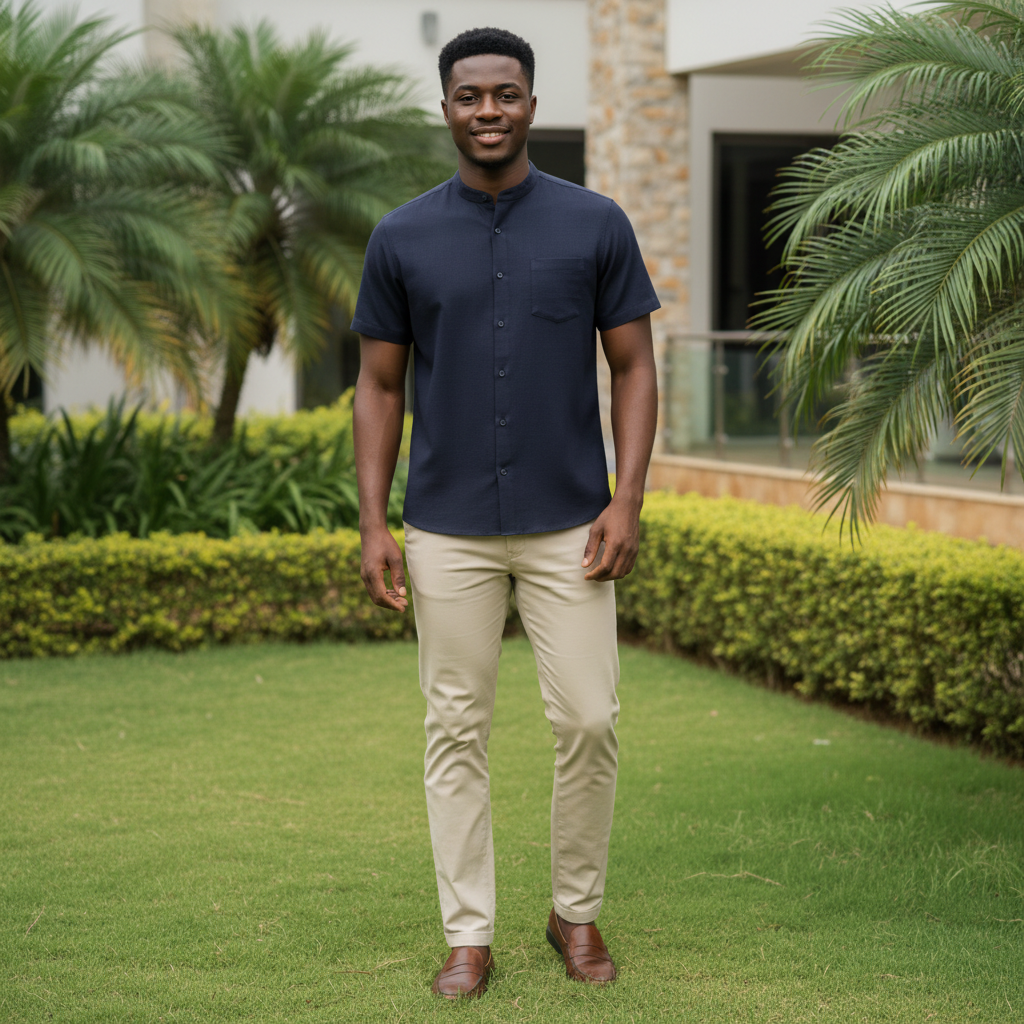 Young Nigerian male wearing dark navy mandarin collar plain short sleeve button-down shirt