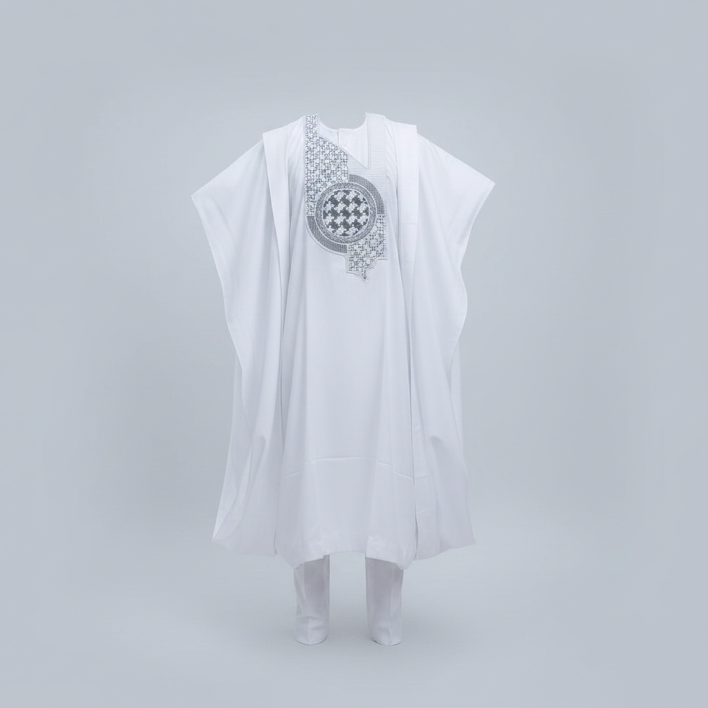 Chukmore White Embroidered Agbada 3-Piece Set - Ghost Mannequin