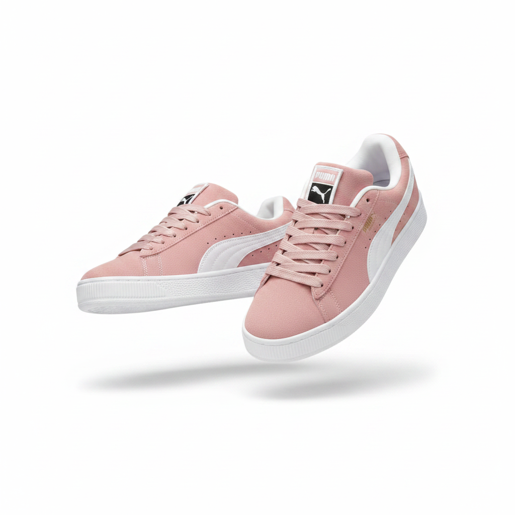 Puma Suede Classic blush pink sneaker creative ghost mannequin product shot, plain white background