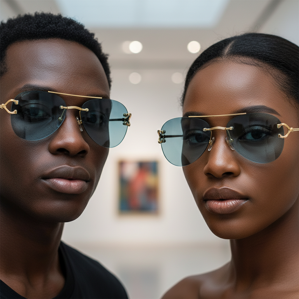 Nigerian male and female models wearing rimless aviator sunglasses solid light blue ice blue lens slim gold ornate double-bar bridge black acetate tip arms
