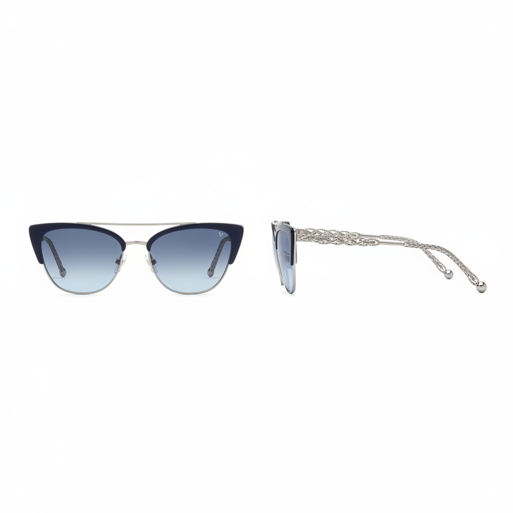 Women's cat-eye navy blue double frame sunglasses – front and side ghost mannequin view on white background