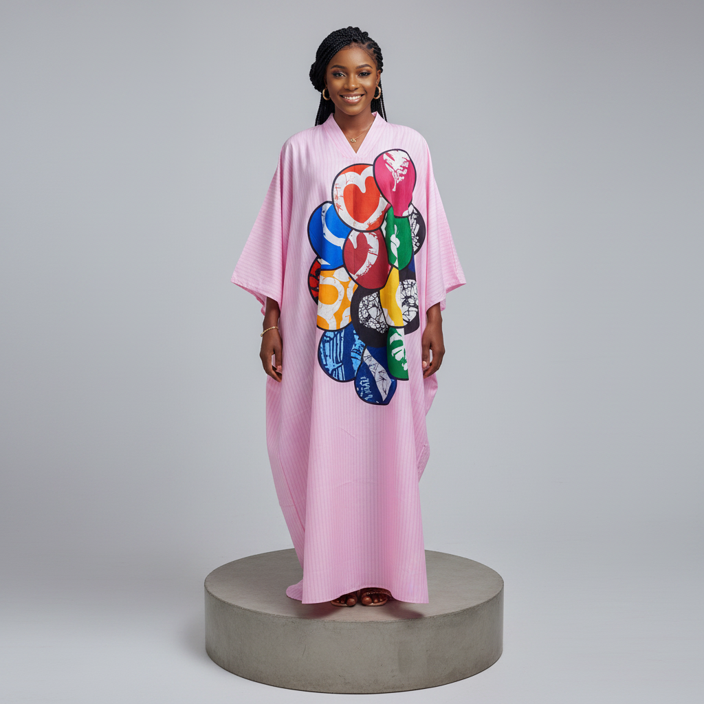 Nigerian female model front view - pink balloon bouquet graphic kaftan dress