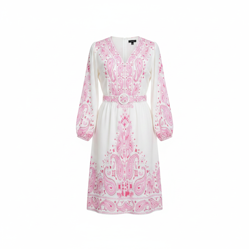 Women's white pink paisley print belted midi dress – ghost mannequin front view