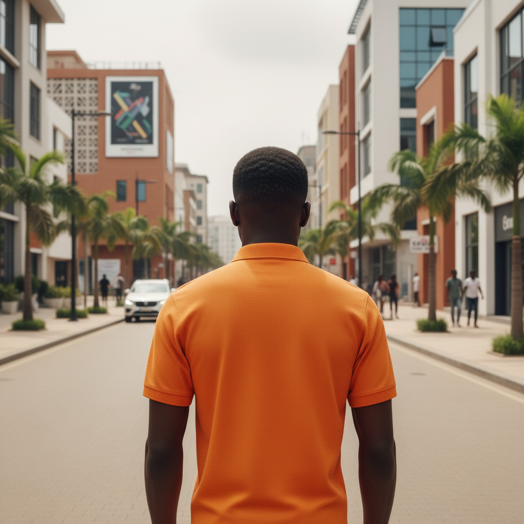 Young Nigerian male model wearing orange polo shirt, back view, Nigerian urban background