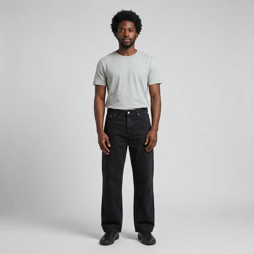 Full-body male model wearing black wide-leg jeans