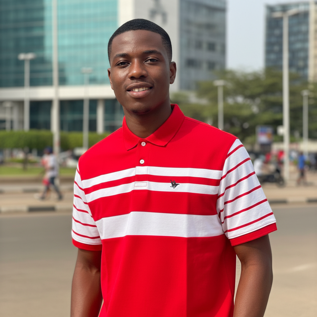 Young Nigerian male model wearing a red and white color block striped polo shirt