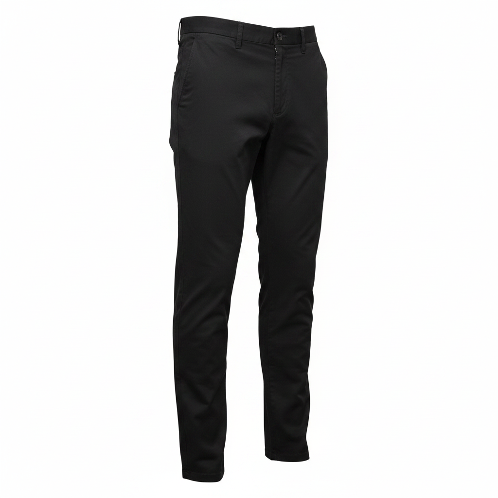Men's black slim-fit chino trousers ghost mannequin front view