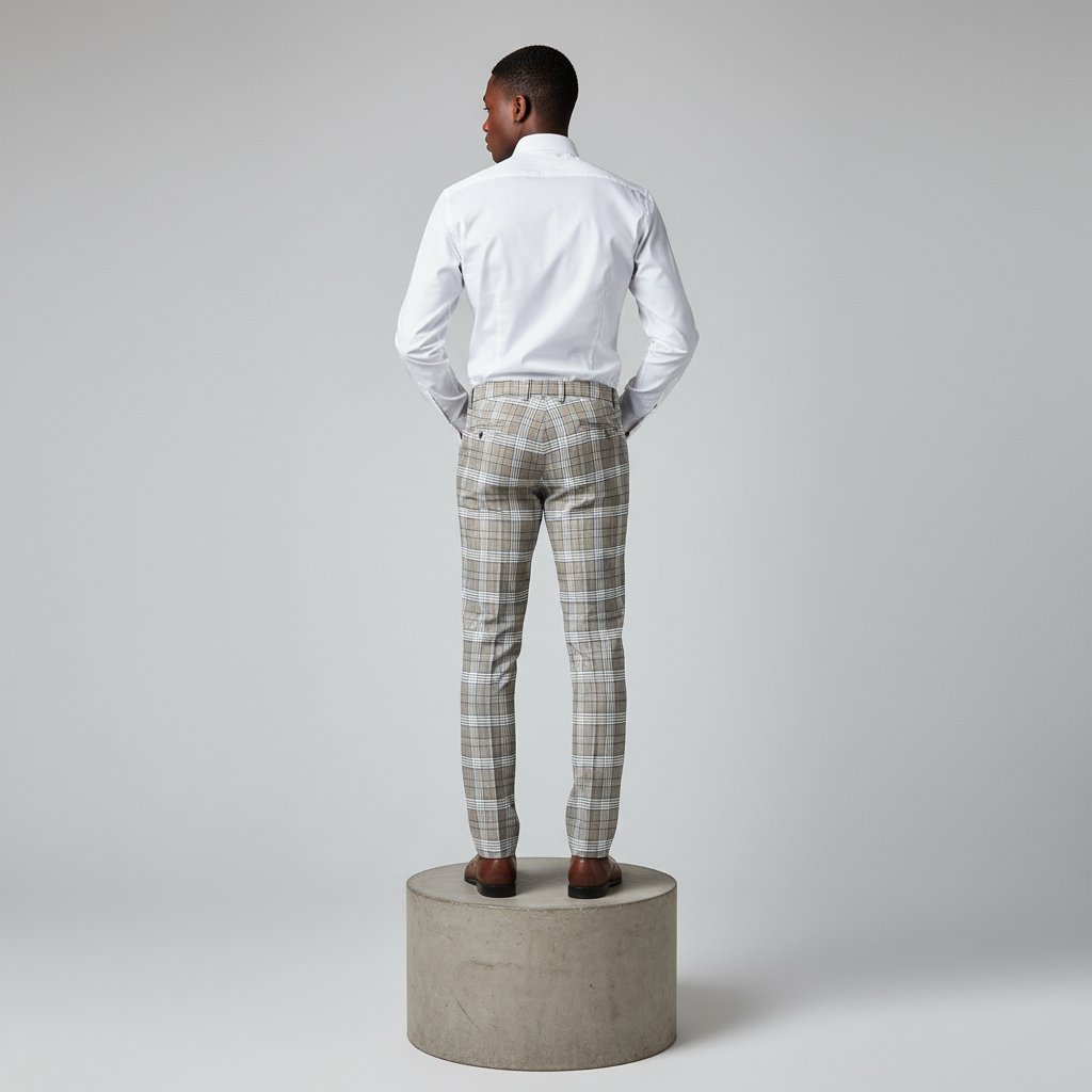 Beige Grey Plaid Trousers – Back Model