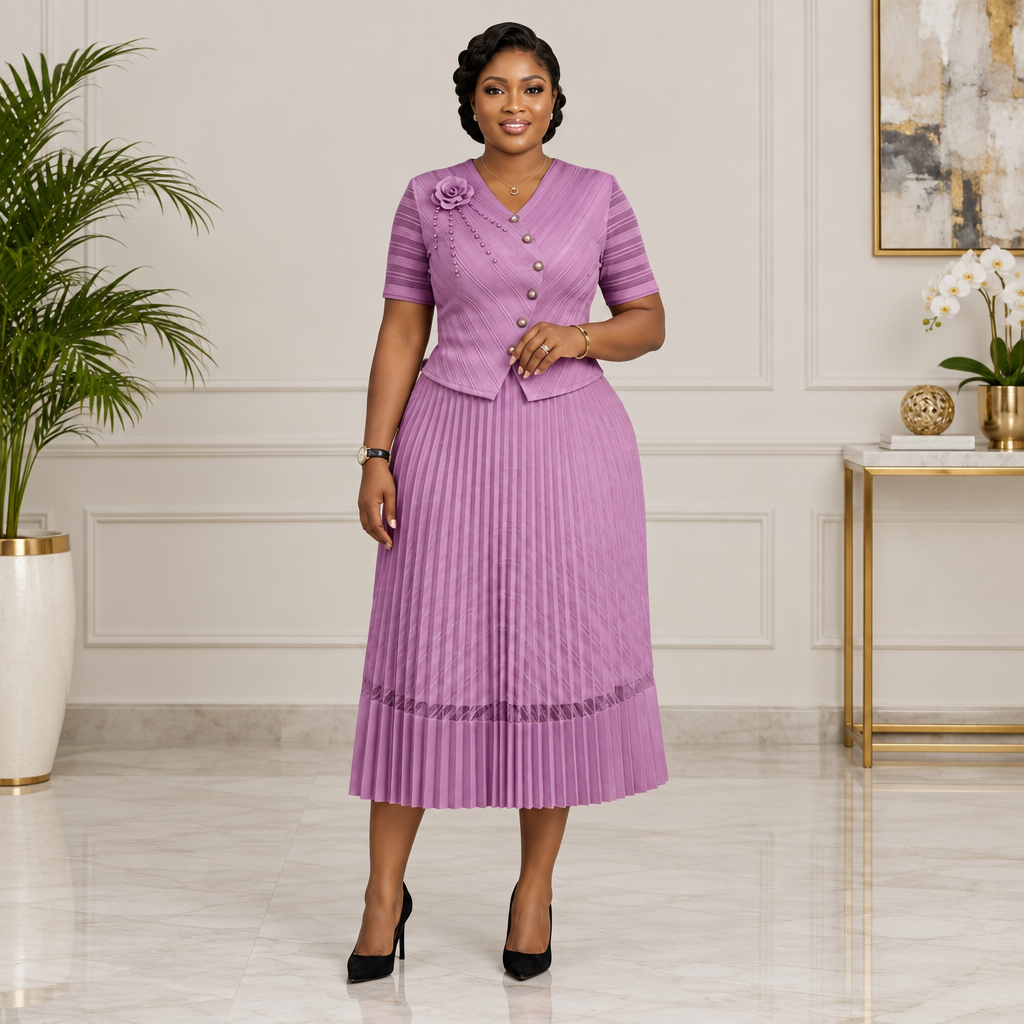 Adult Black woman wearing a lilac floral-detail pleated dress