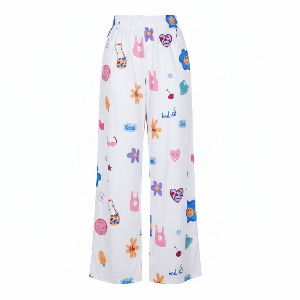 White Cartoon Print Wide-Leg Trousers - Ghost Mannequin Front