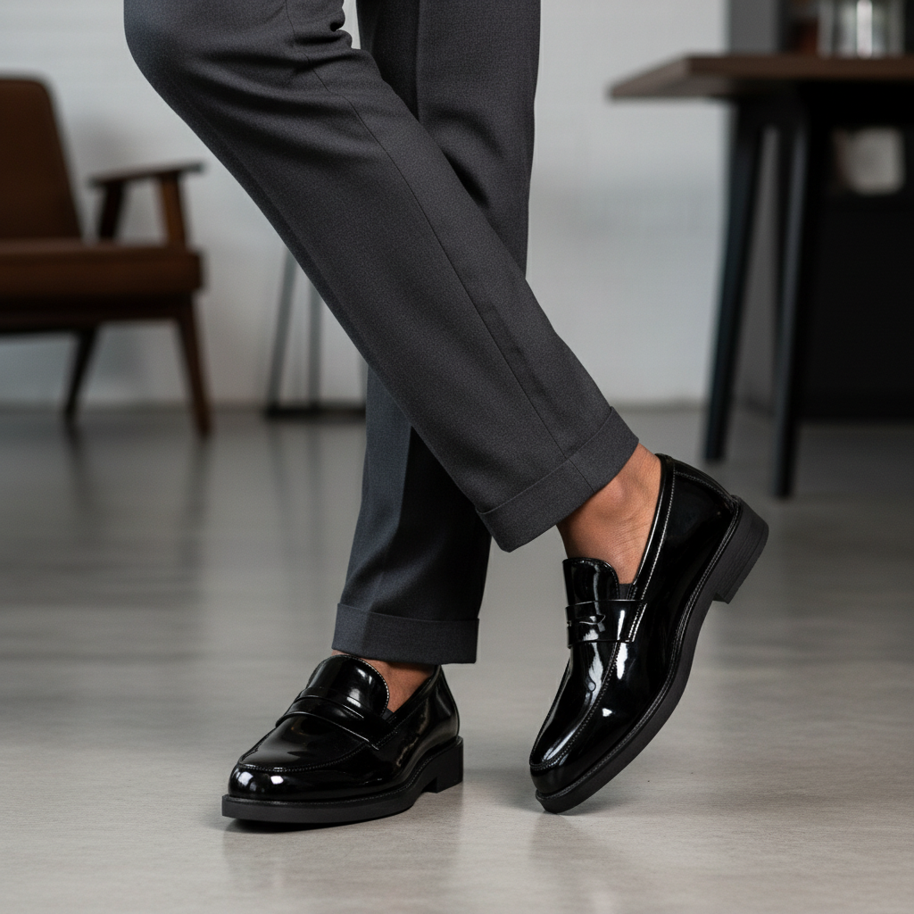 Black Patent Leather Penny Loafer - Model Shot