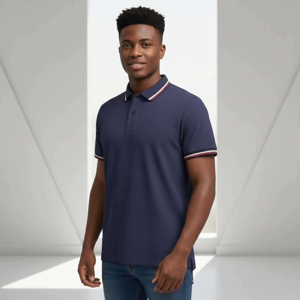 Young Nigerian male model wearing navy tricolour tipped number 7 polo shirt
