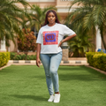 Women's white rhinestone logo graphic oversized tee - female model shot