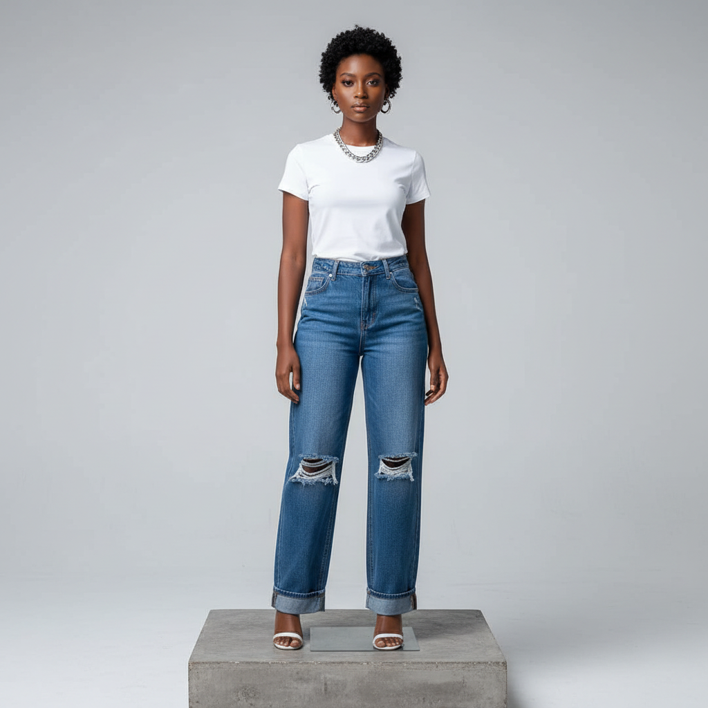 Medium Blue Wide-Leg Distressed Ripped Jeans - Model Front View