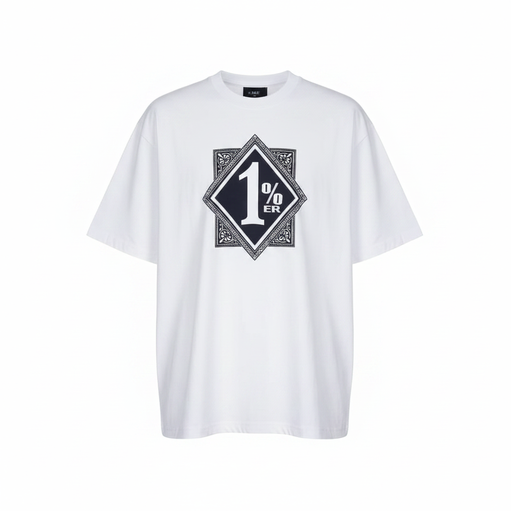 White 1%er Diamond Card Graphic Short-Sleeved Shirt - Ghost Mannequin Front