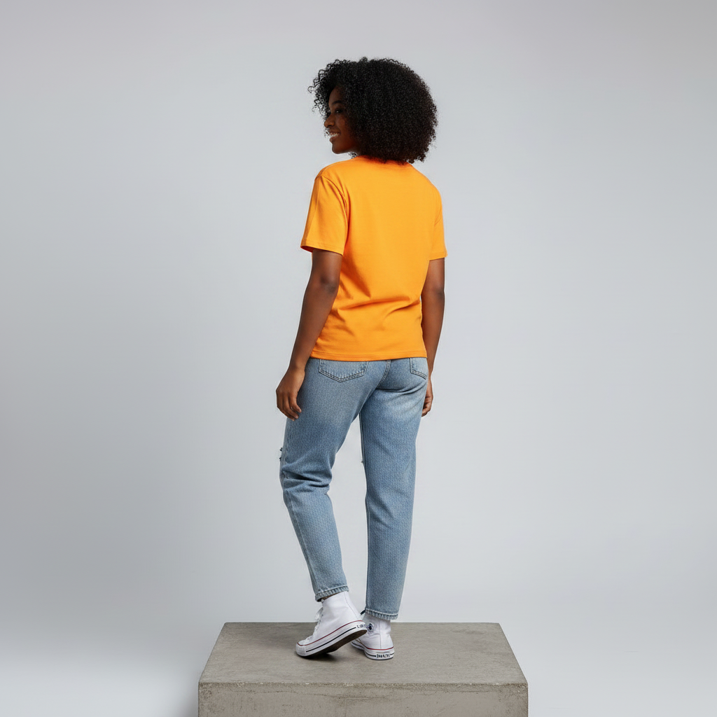 Nigerian female model back view wearing plain yellow orange T-shirt - consistent model