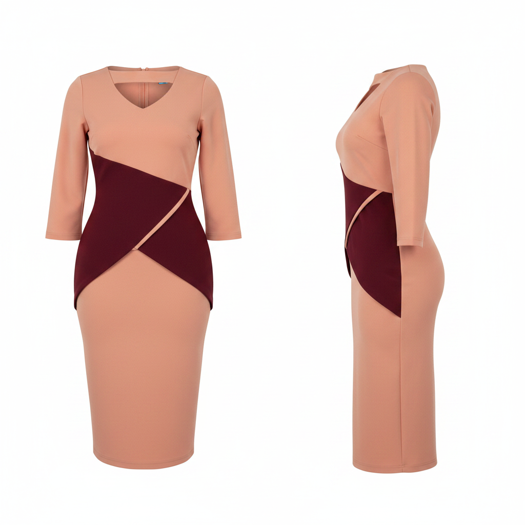 Women's Peach & Burgundy Colour-Block Bodycon Midi Dress – Ghost Mannequin Front and Side View
