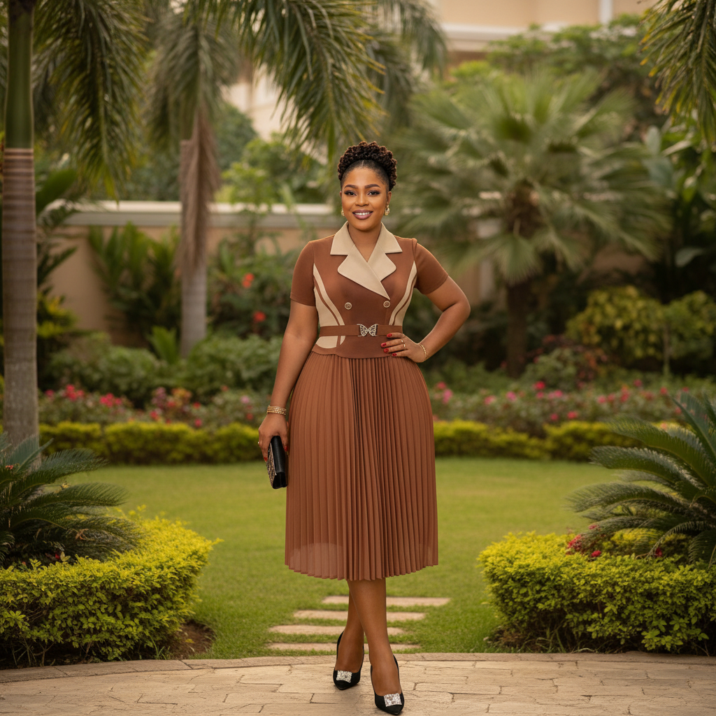 Women's caramel brown lapel butterfly-belt pleated midi gown – Nigerian model lifestyle shot
