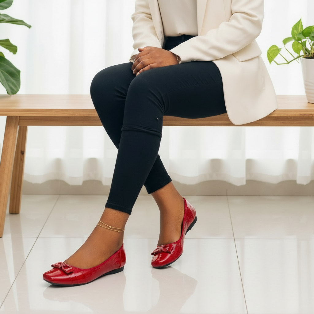 Close-up of Nigerian female legs wearing red patent square-toe ballet flats with double-bar buckle