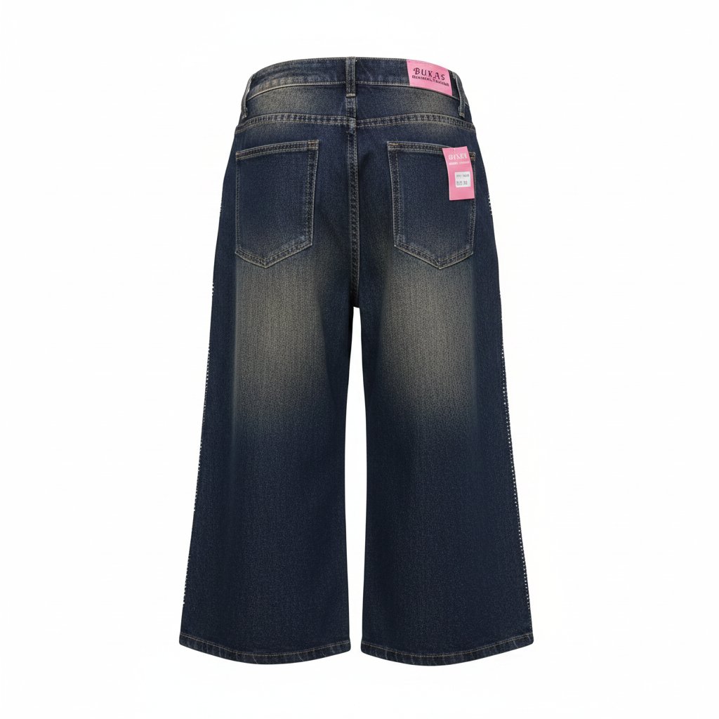 Navy Rhinestone 3/4 Denim Trousers - Ghost Mannequin Back
