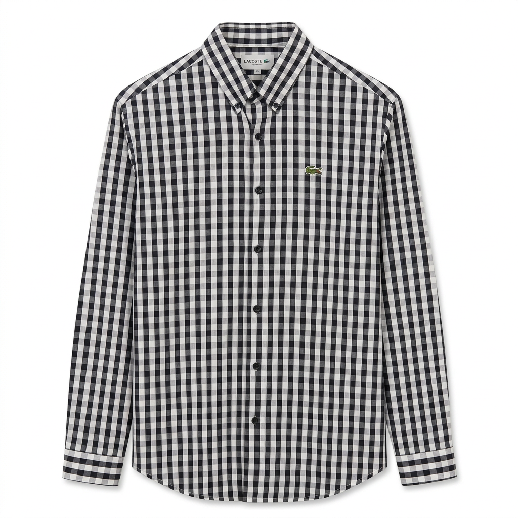 Men’s black and white gingham long-sleeve shirt, generated ghost mannequin view