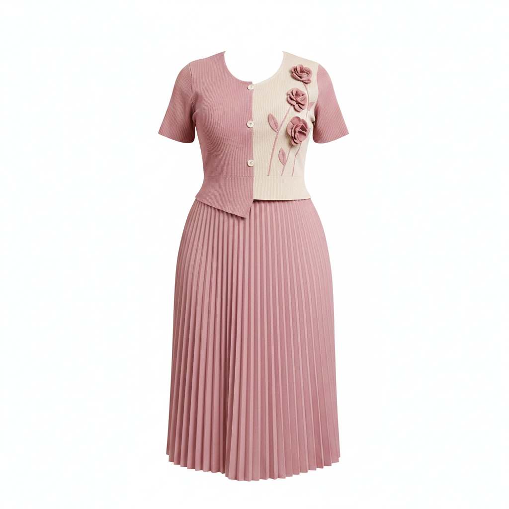Dusty Rose 3D Floral Appliqué Ribbed Top & Pleated Midi Skirt Set – Ghost Mannequin