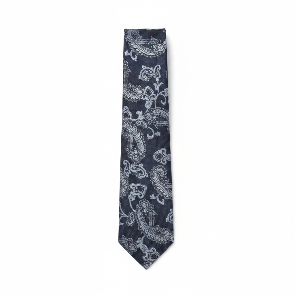 Navy Blue Silver Paisley Baroque Woven Necktie – Flat Lay