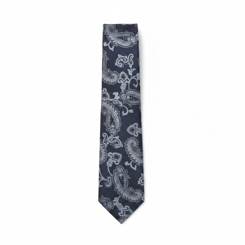 Navy Blue Silver Paisley Baroque Woven Necktie – Flat Lay