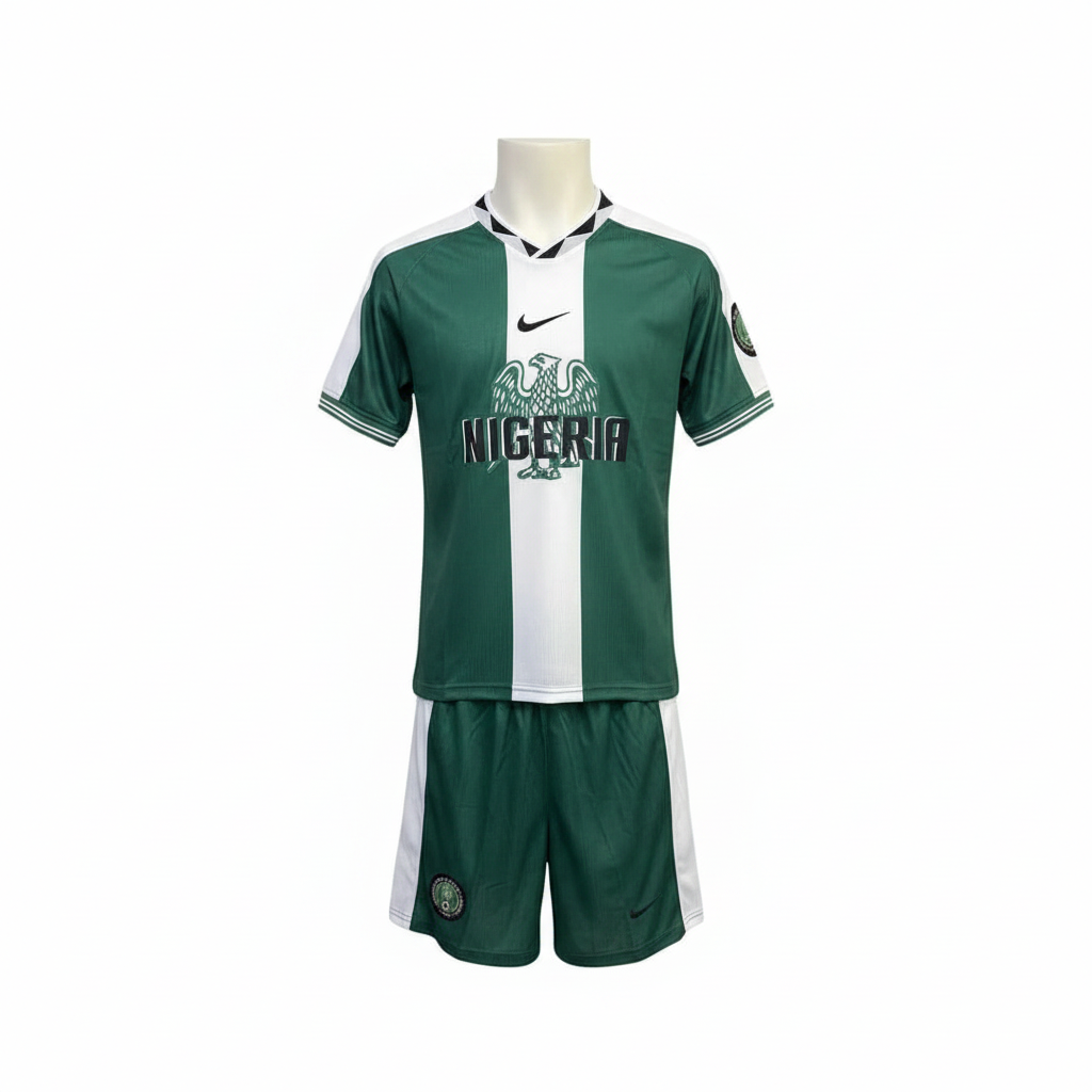 Kids forest green and white eagle football jersey and green shorts set ghost mannequin front and side view