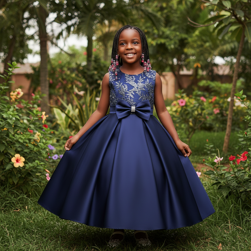 Young Nigerian girl wearing navy blue sequin bow satin ball gown