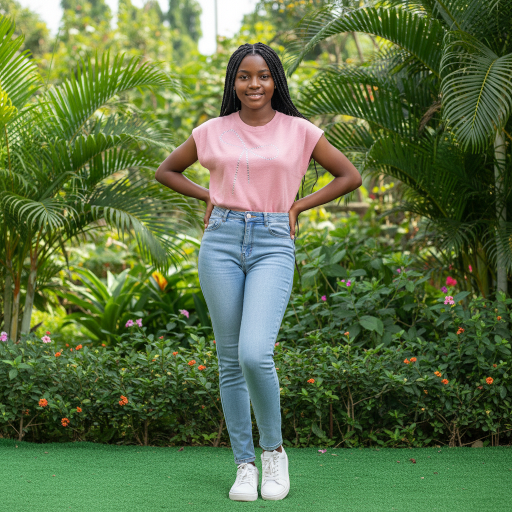 Nigerian teenage girl wearing dusty pink rhinestone heart knit sleeveless top