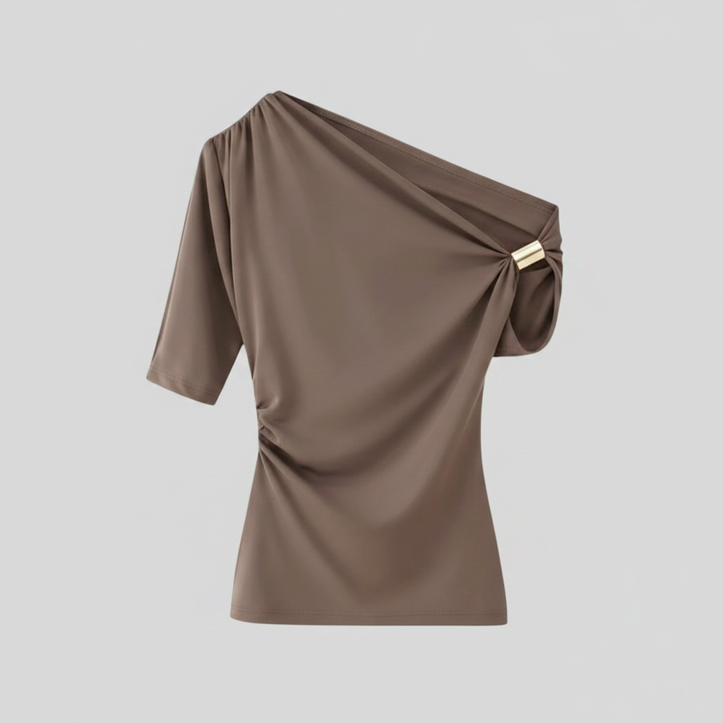 KC Store Asymmetric Off-Shoulder Ruched Top - Taupe Ghost Mannequin