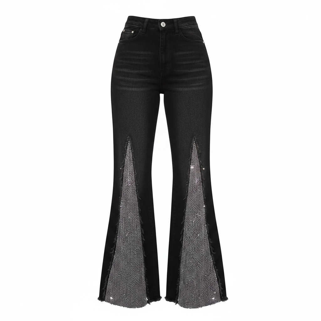 Black Rhinestone Side Panel Flare Jeans – Ghost Mannequin Front