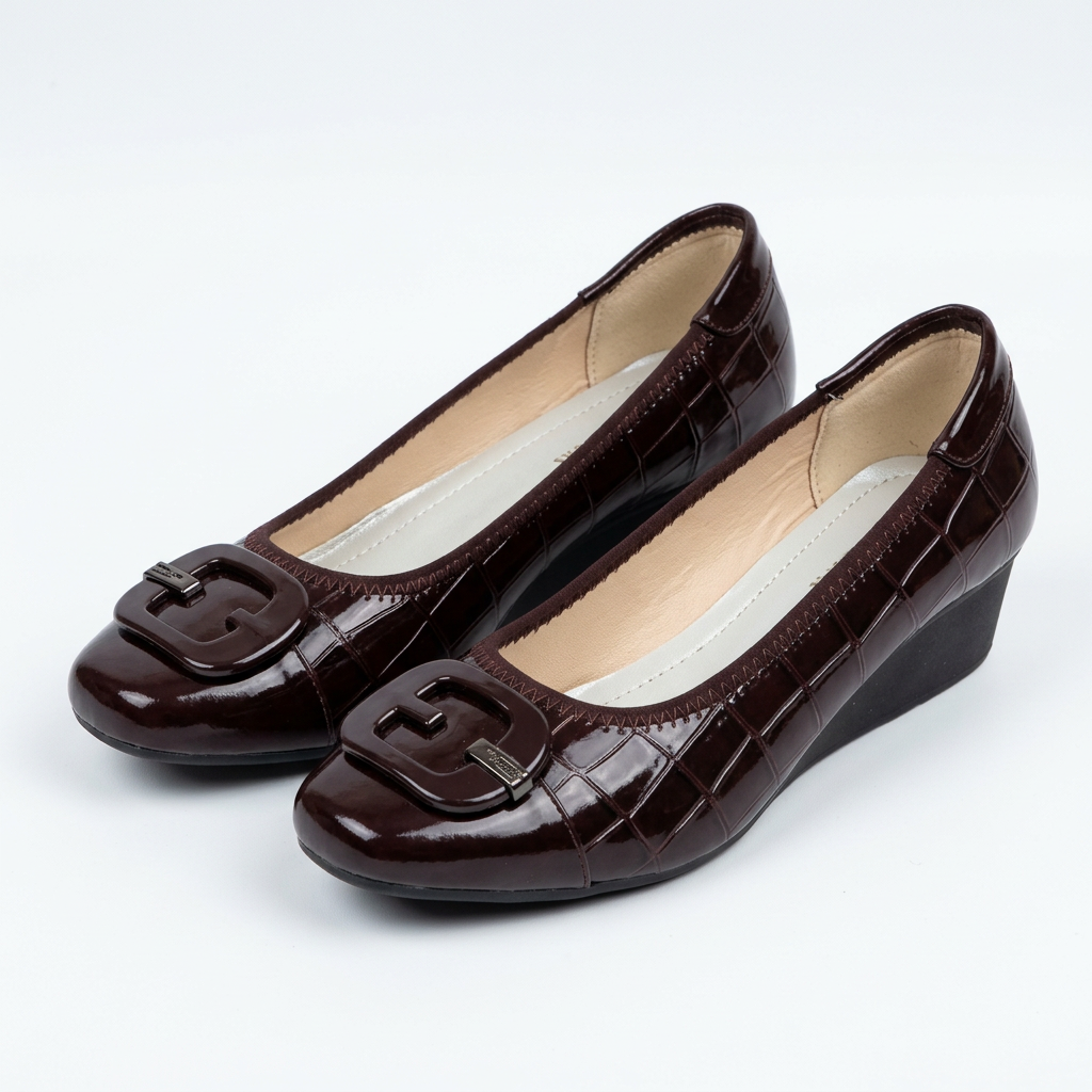 Matching dark burgundy-brown tab-detail wedge shoes