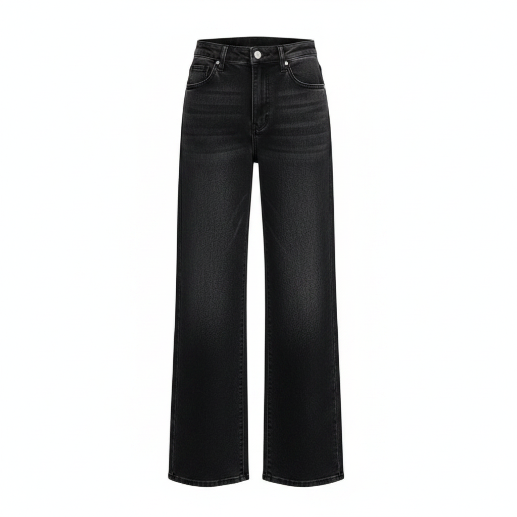 Women's washed black high-waist wide-leg straight denim jeans on ghost mannequin, white background