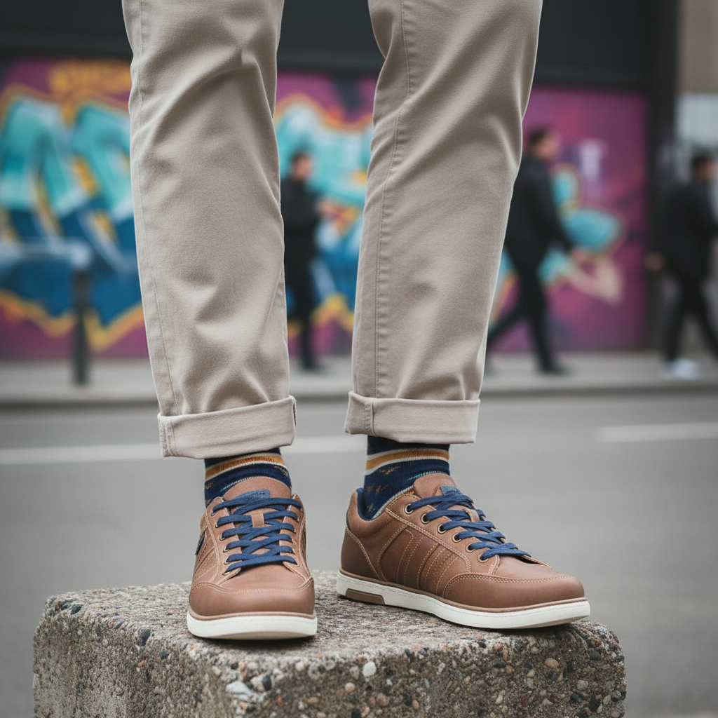 Model wearing tan leather lace-up casual sneakers with navy laces leg shot