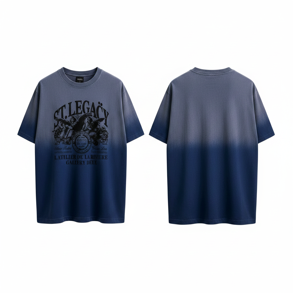 Men's blue acid-wash gradient short-sleeve graphic tee ghost mannequin front and back view