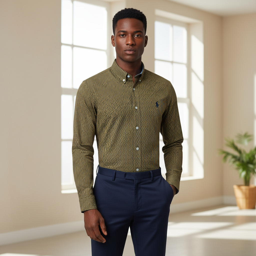 Nigerian model wearing Ralph Polo Olive Brown Micro Check Shirt