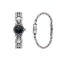 Women's silver chain bracelet black dial wristwatch — ghost mannequin front and side view