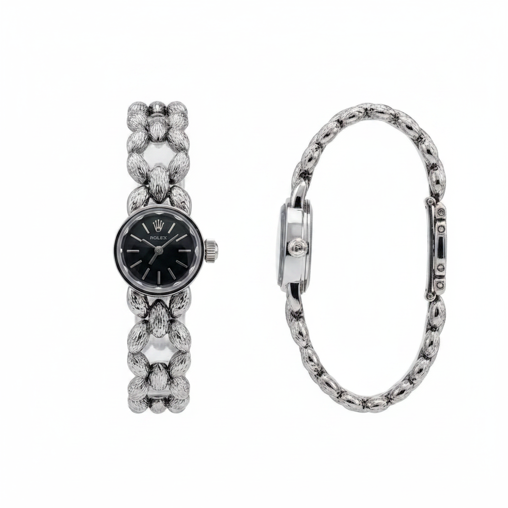 Women's silver chain bracelet black dial wristwatch — ghost mannequin front and side view