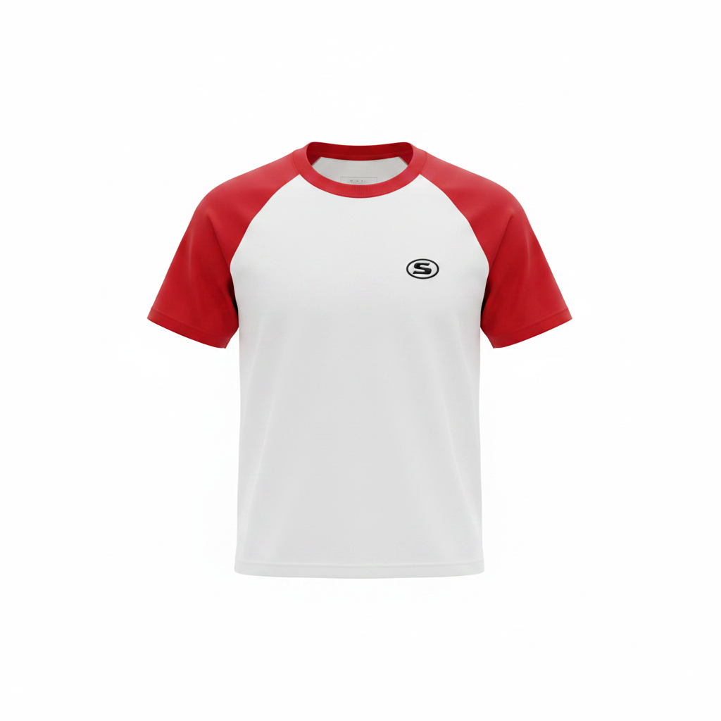 Men's White Red Raglan Short Sleeve T-Shirt - Ghost Mannequin Front View