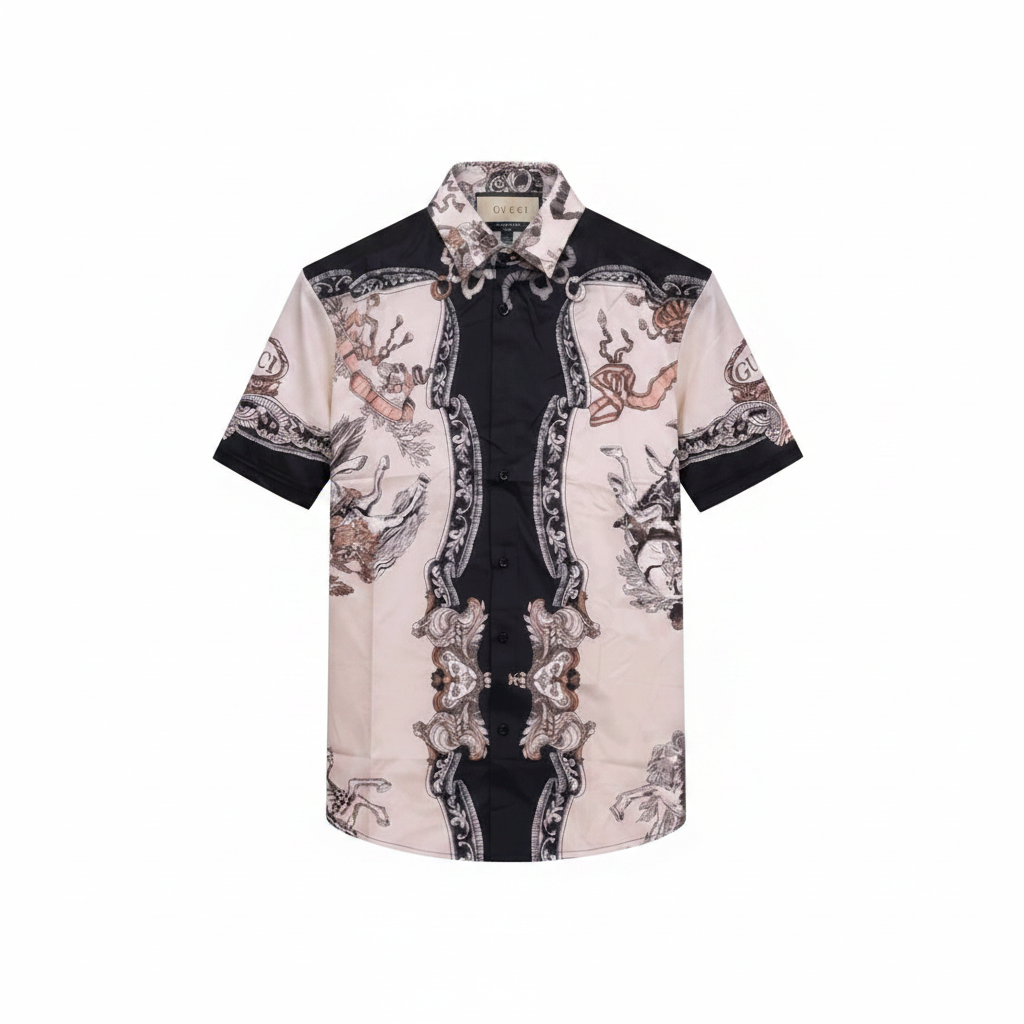 Men's white baroque panel print short-sleeve shirt ghost mannequin front view