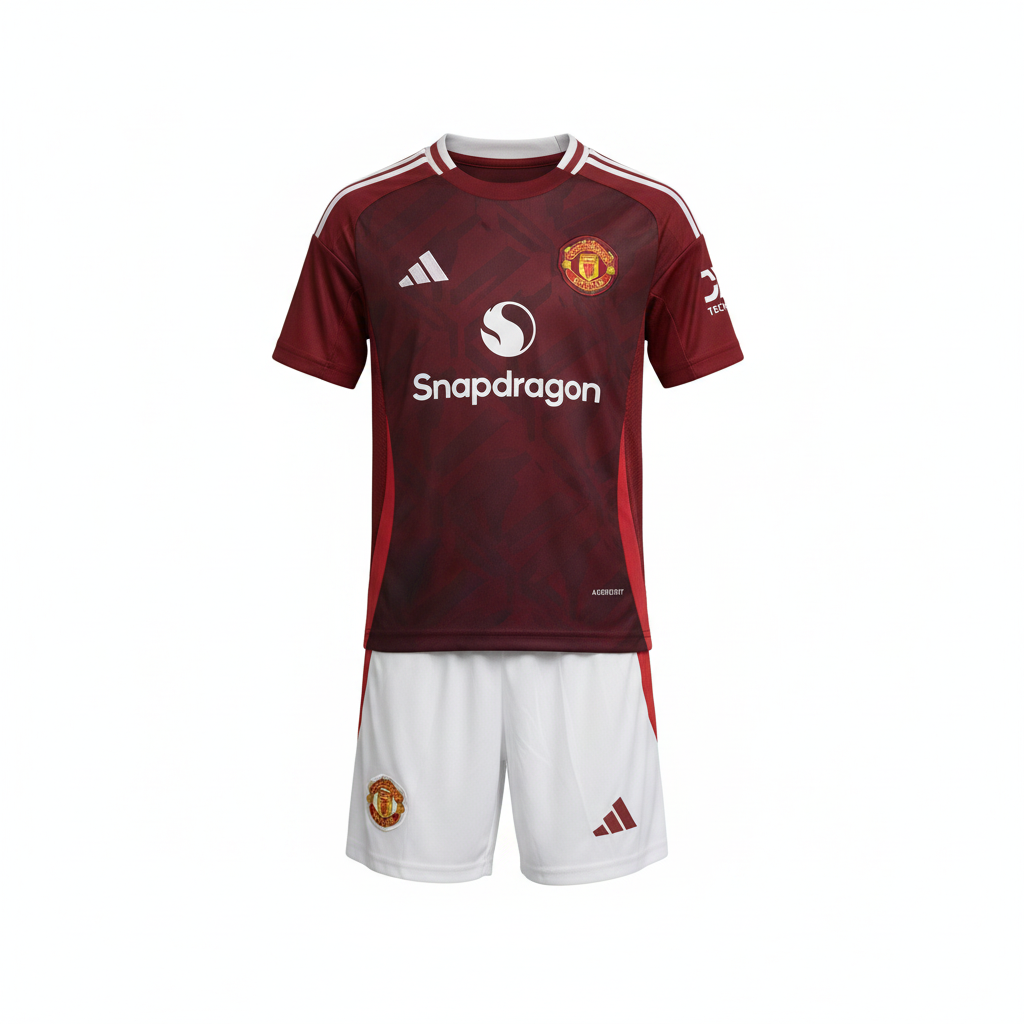 Kids' burgundy & white football jersey set – ghost mannequin front view on white background