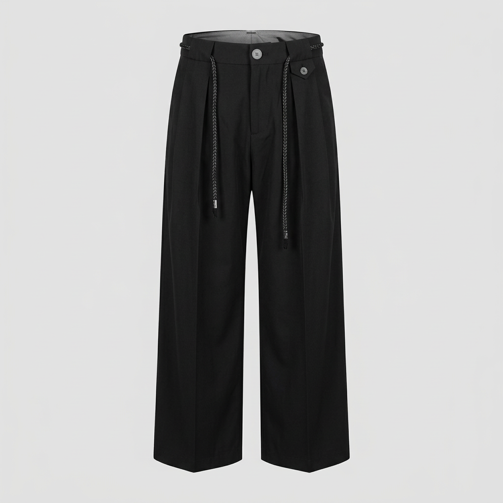 Black cord-detail wide-leg trousers, ghost mannequin front view