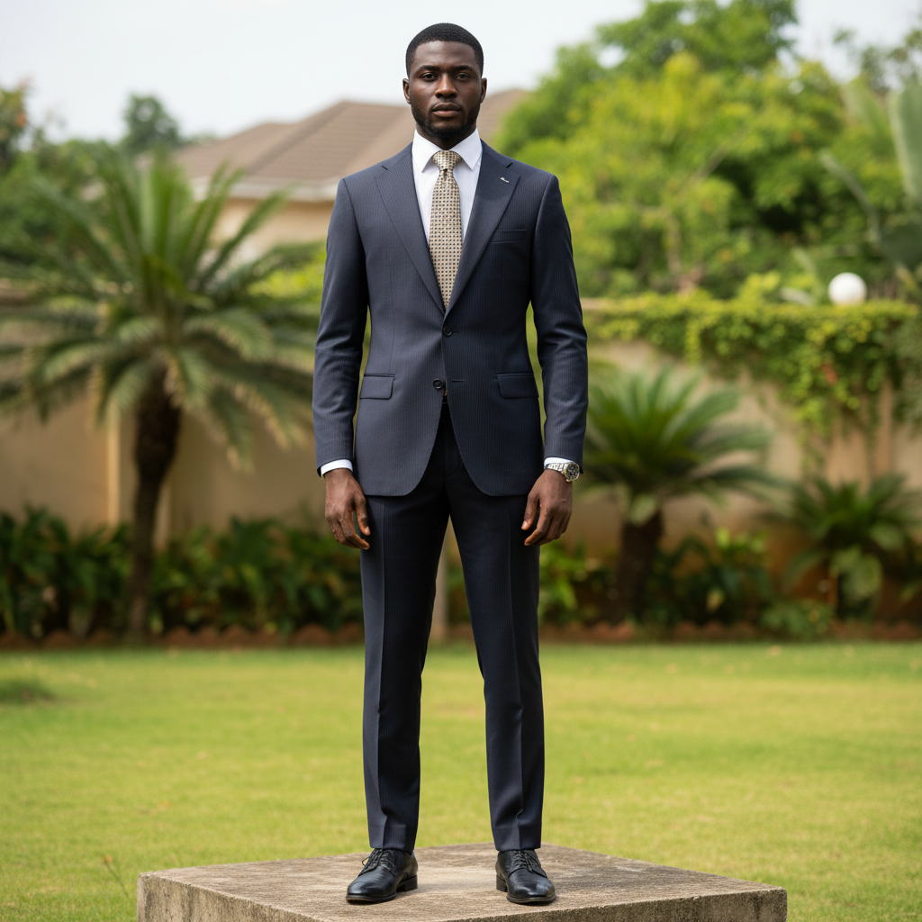 Nigerian male model wearing men's dark navy blue pinstripe 2-piece single-breasted formal suit, garden setting