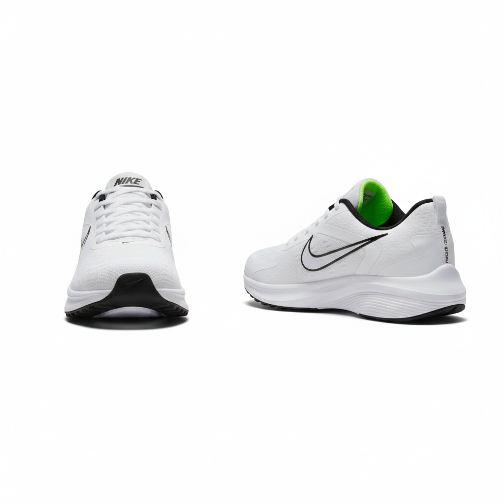 Men's white black mesh running sneakers ghost mannequin front and side view